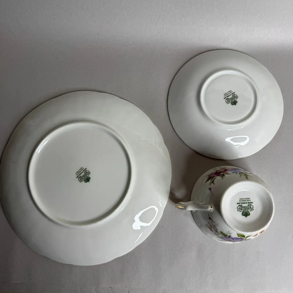 Aynsley Fine English Bone China Tea Cup Saucer and‎ Plate Trio Floral Gold Trim